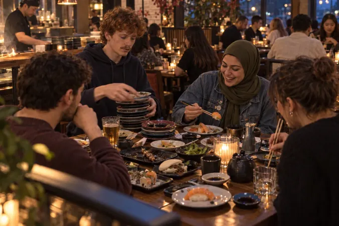 Vier Freunde an einem vollen All-you-can-eat-Tisch mit Sushi und kleinen Gerichten; einer stapelt die leeren Teller.
