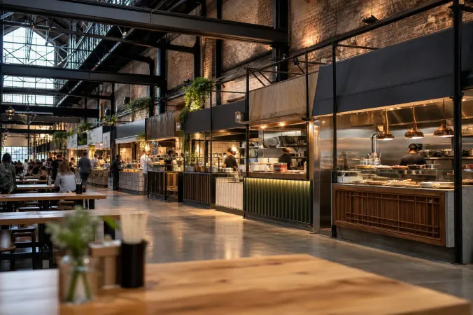 Foodcourt in einer alten Fabrikhalle: mehrere offene Küchen nebeneinander, davor lange Holztische.