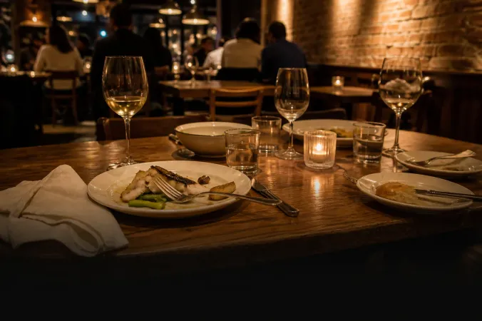 Gedeckter Restauranttisch mit Weingläsern und einer Kerze; dahinter der Gastraum.
