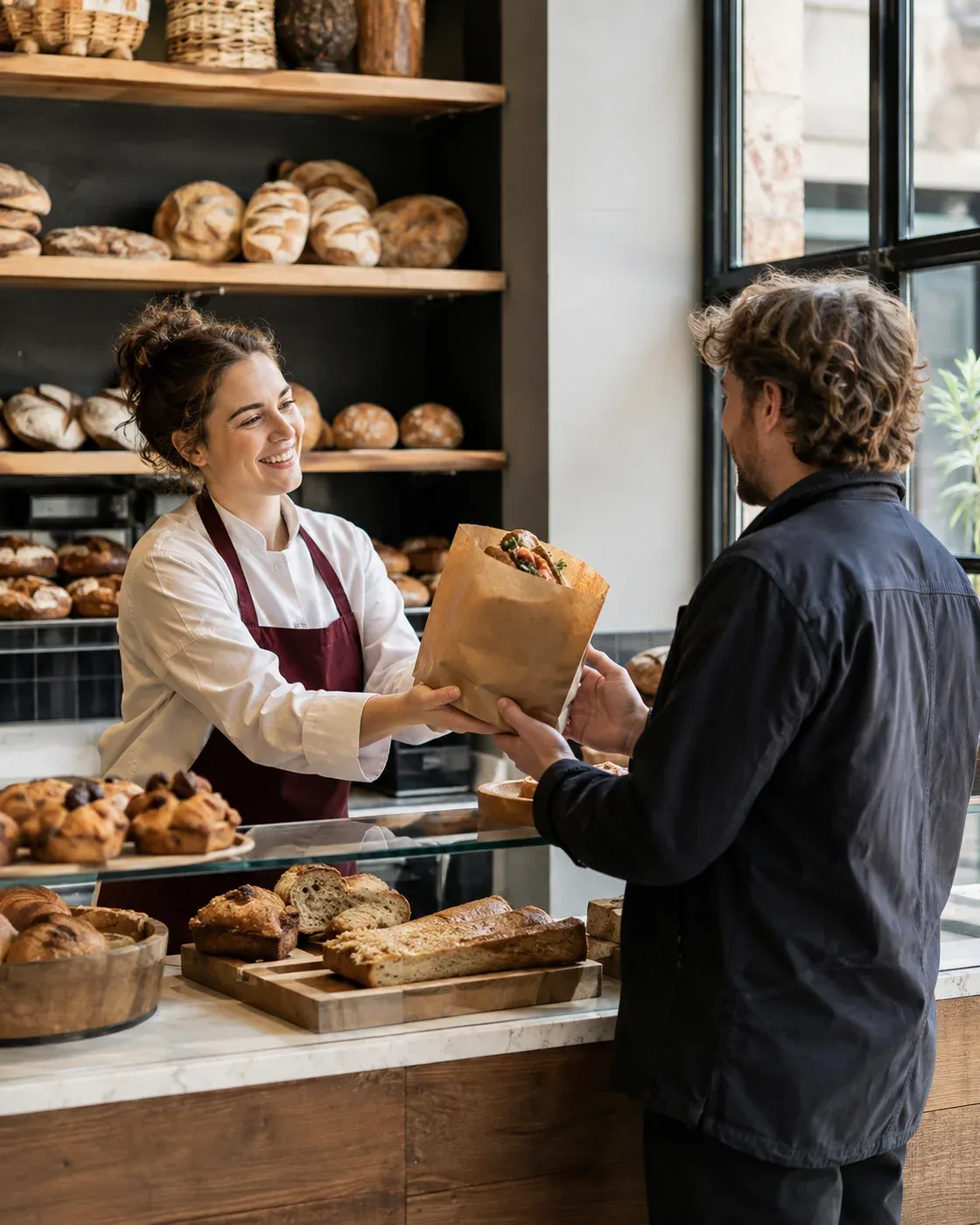 Illustrative scene of a team member handing a paper bag to a guest at a bakery counter, with bread and pastries in the display.