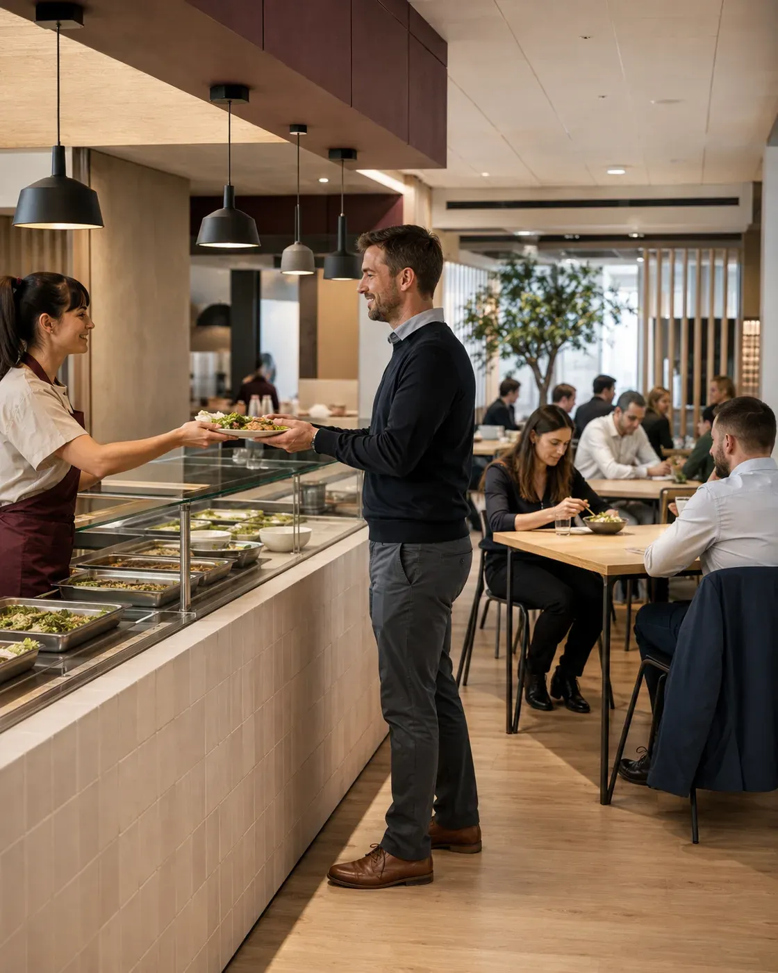 Illustrative scene of employees receiving their trays at a workplace cafeteria counter during lunch.