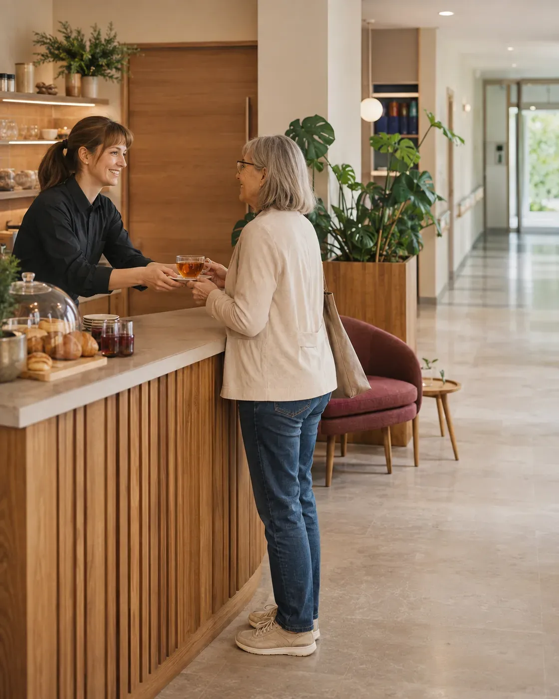 Illustrative scene of a team member helping an older visitor at the accessible counter of a calm hospital café.