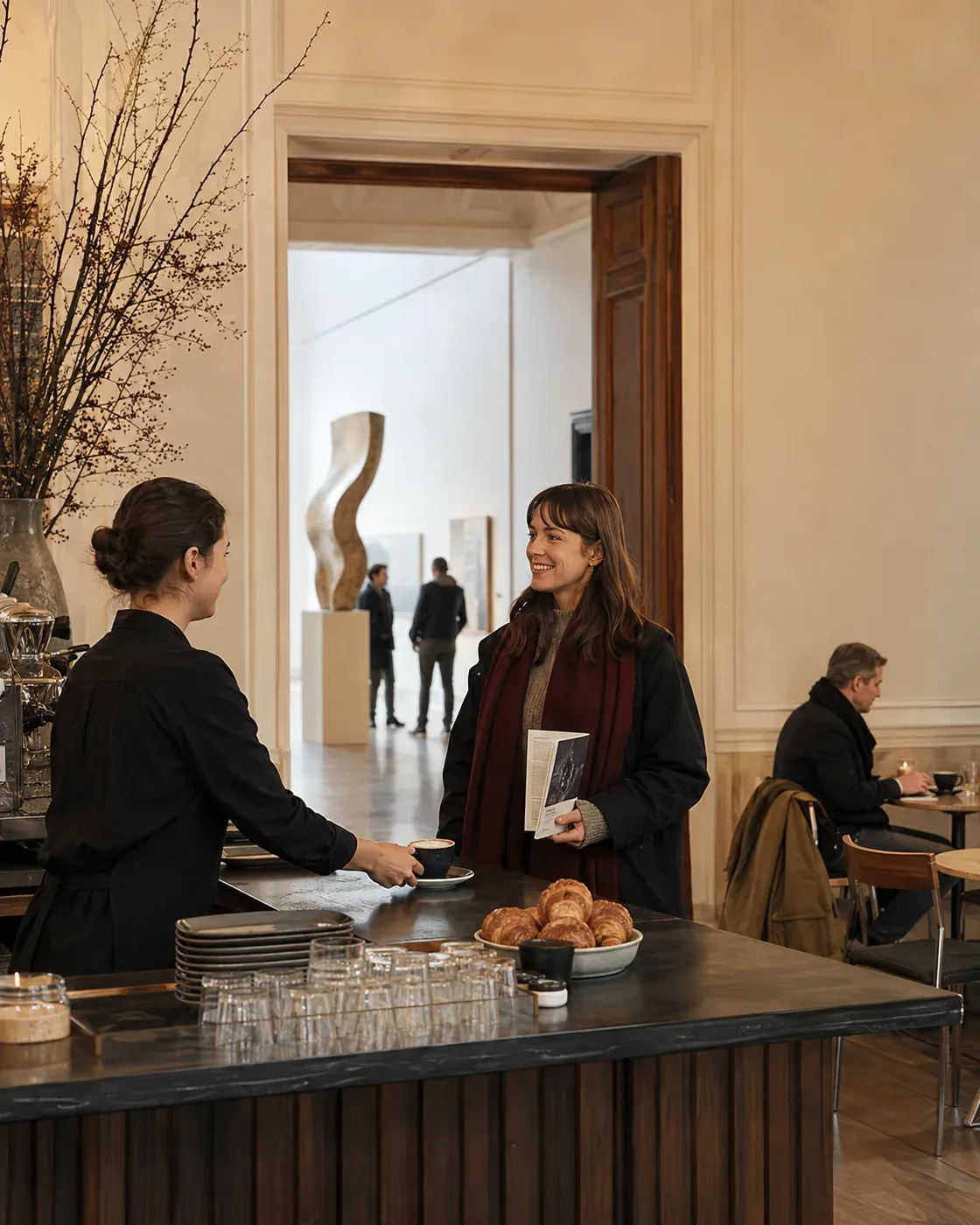 Illustrative scene of museum visitors having refreshments in a museum café, with the gallery entrance behind them.