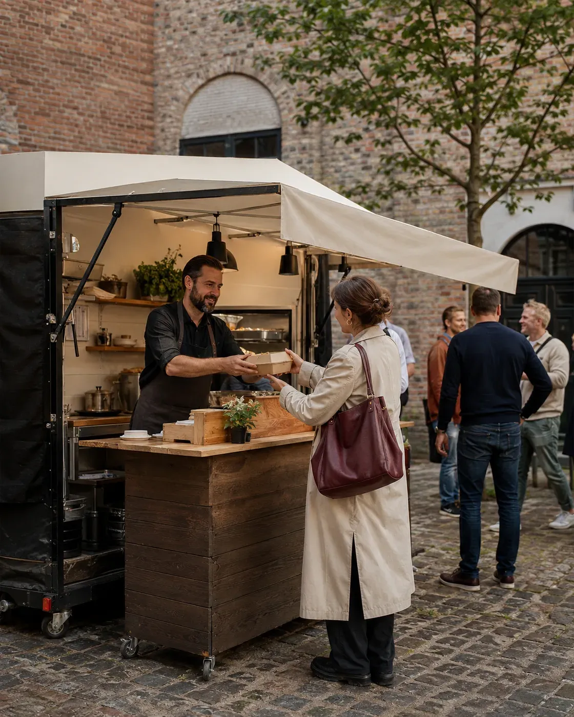 Illustrative scene of team members opening a compact pop-up counter and putting its menu stand in place.