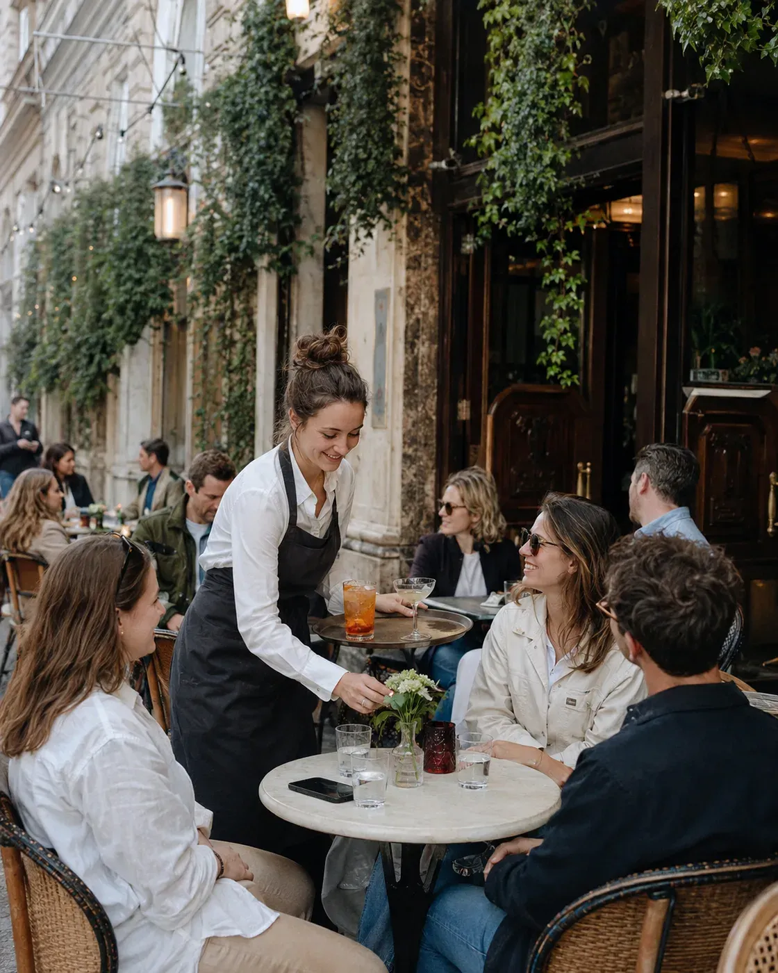 Illustrative scene of friends at a sunny terrace table; one guest briefly orders on a phone while a team member crosses the long service route.