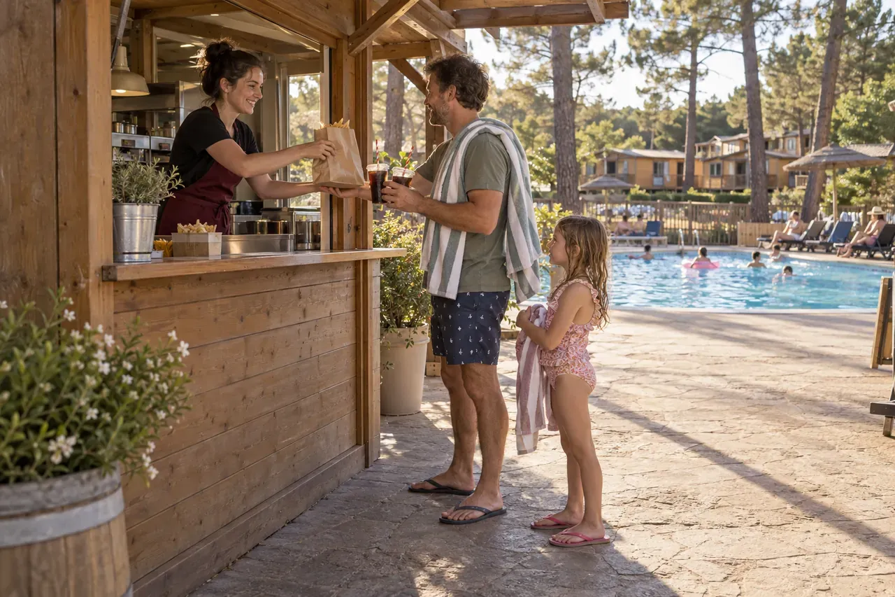Illustrative scene at a holiday park’s poolside snack bar: a team member hands a father with a towel a bag of snacks and drinks while his daughter waits beside him.