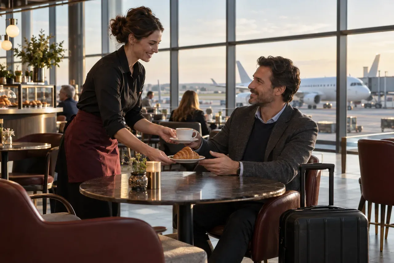 Illustrative scene at an airport gate café: a team member serves a traveller with a carry-on bag a coffee and a croissant.