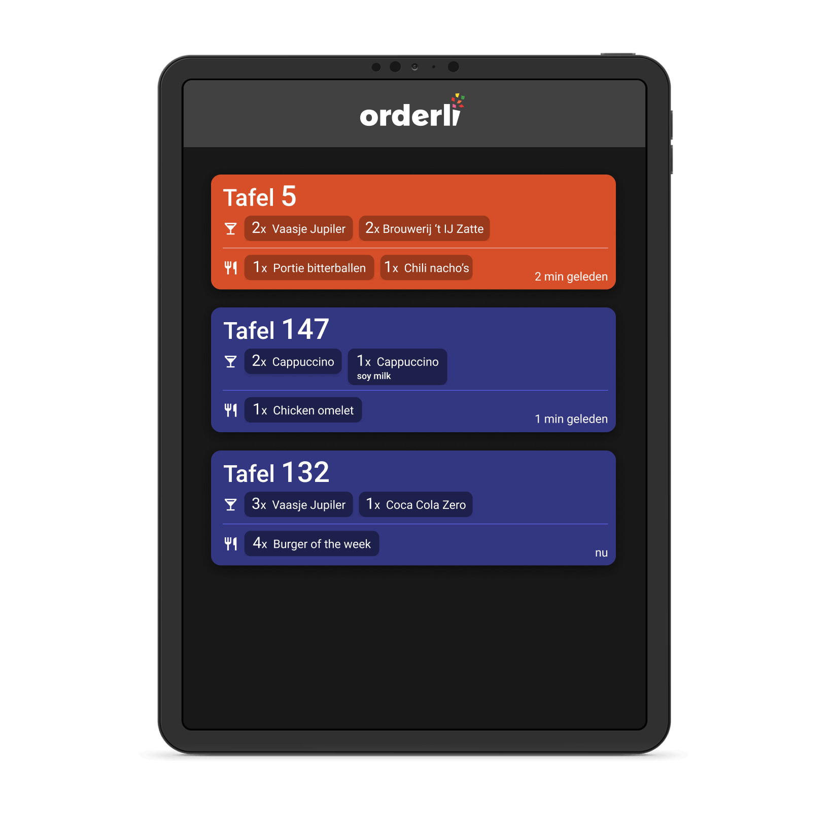 Tablet showing orders for tables