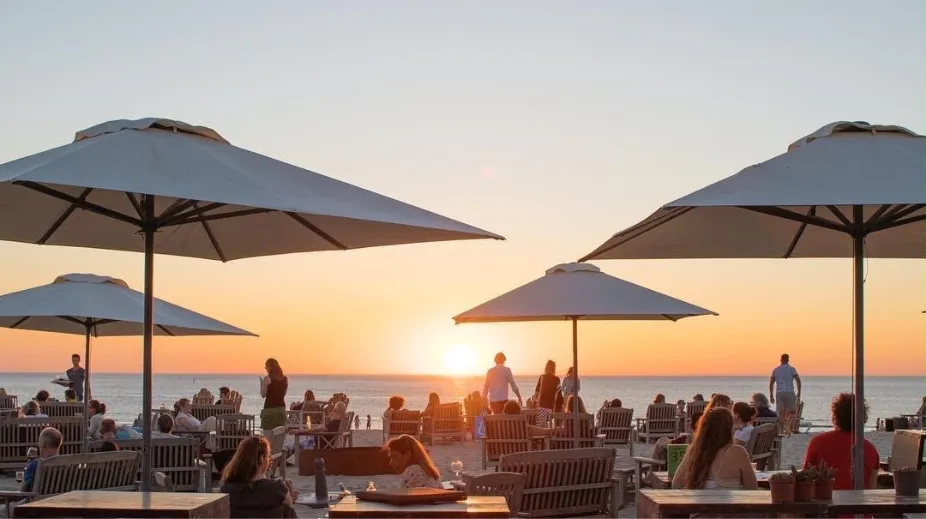 The beach terrace of De Staat in The Hague at sunset.