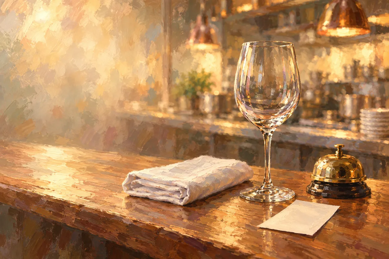 Painting of a wooden pass with a polished wine glass, a folded napkin, a brass bell and a blank ticket, in warm evening light.