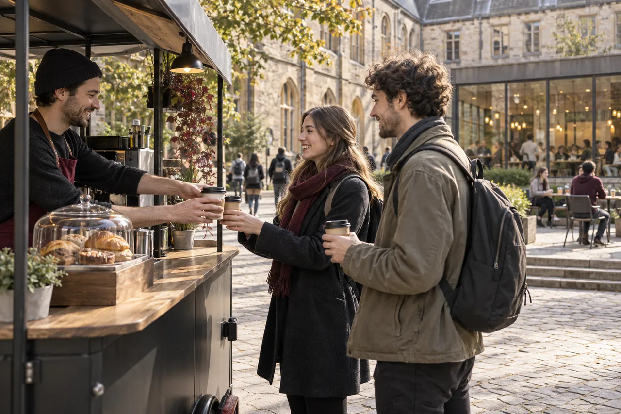 Illustrative scene in a campus courtyard: a team member at a coffee cart hands two students their coffee, with the faculty café across the square.