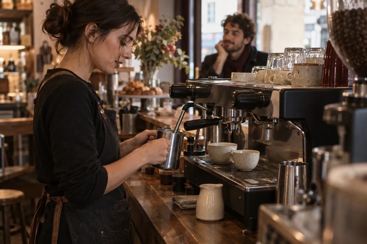Illustrative scene of a barista steaming milk while two cups of different sizes wait under the espresso machine.