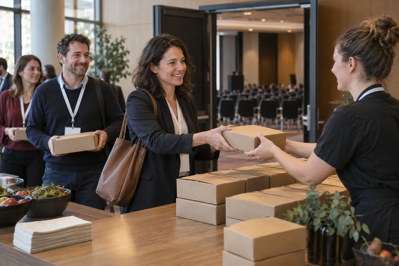 Illustrative scene during a conference lunch break: attendees with blank lanyards collect boxed lunches at a long counter, with a room of seats behind them.