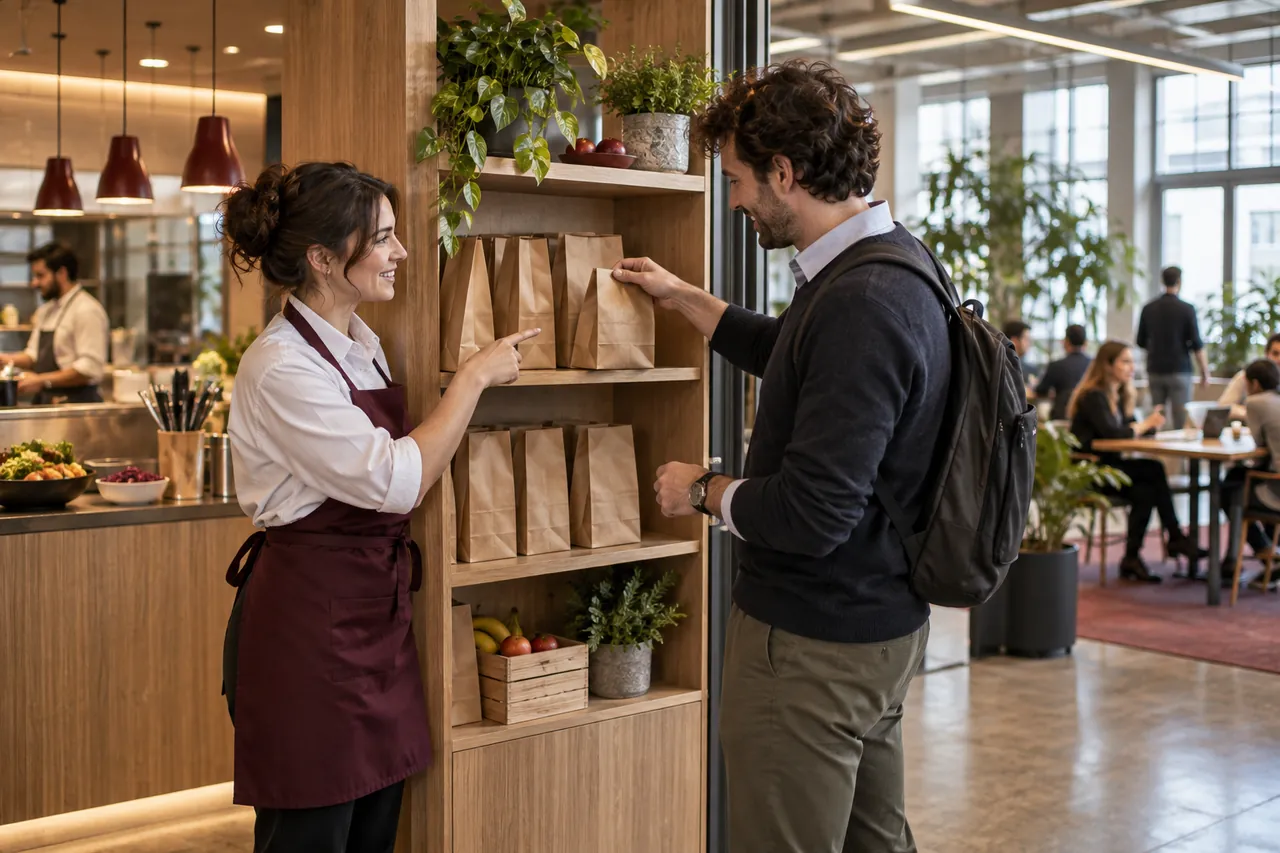 Illustrative scene in an office atrium: a team member points a colleague to the right pre-ordered lunch bag on the collection shelf.