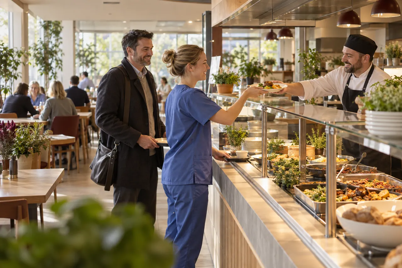 Illustrative scene in a hospital restaurant: a staff member in blue scrubs and a visitor collect lunch at the same counter.