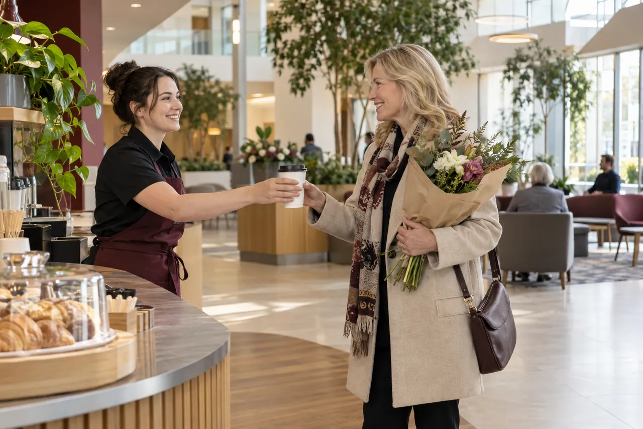 Illustrative scene at a coffee corner in a hospital atrium: a team member hands a visitor holding flowers a cup of coffee.