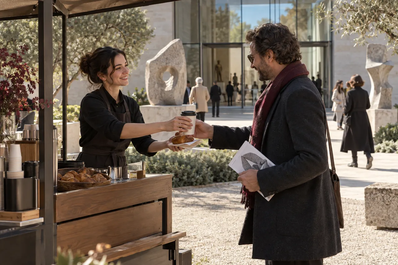 Illustrative scene in a museum sculpture garden: a team member at a coffee kiosk hands a visitor holding an exhibition leaflet a coffee and a pastry.