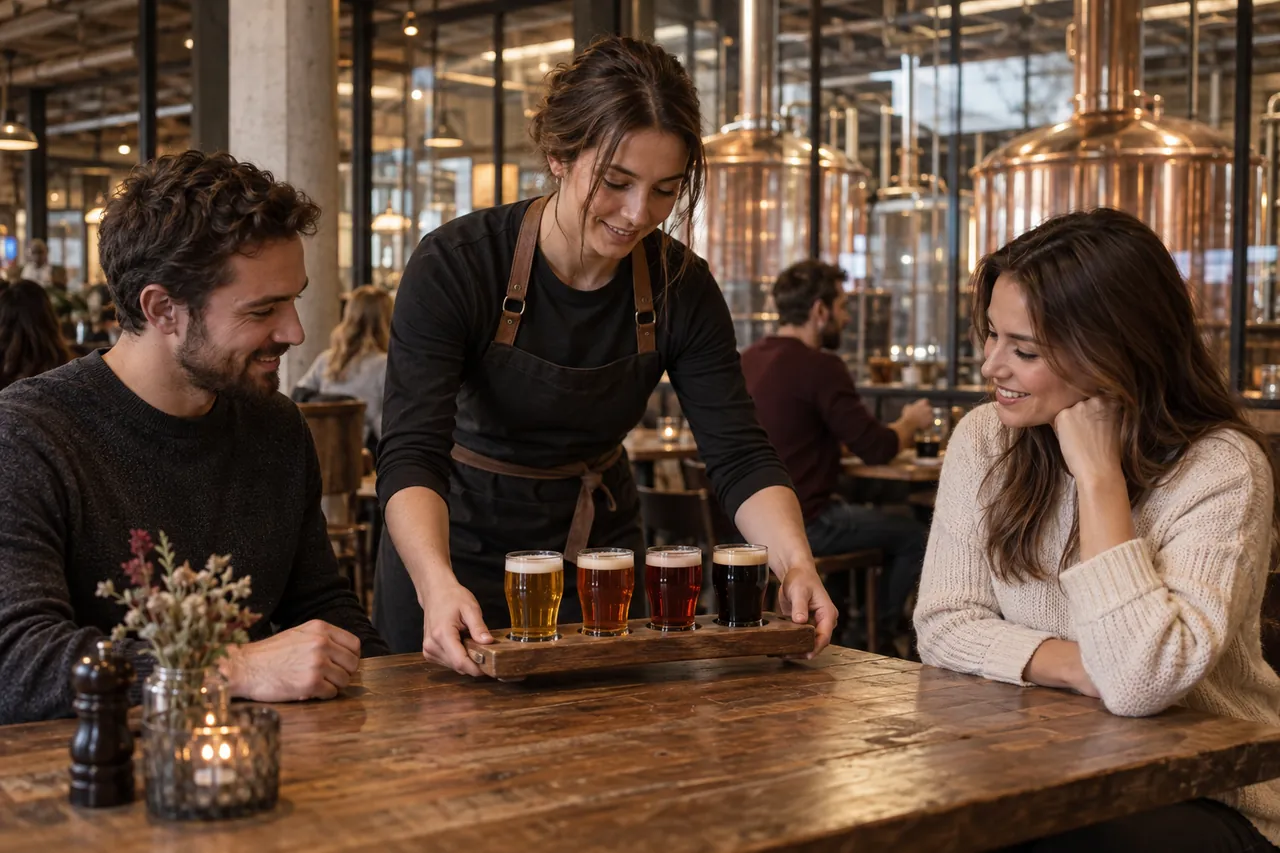 Illustrative scene in a brewery taproom: a team member sets a tasting paddle of four differently coloured beers on the table for two guests.