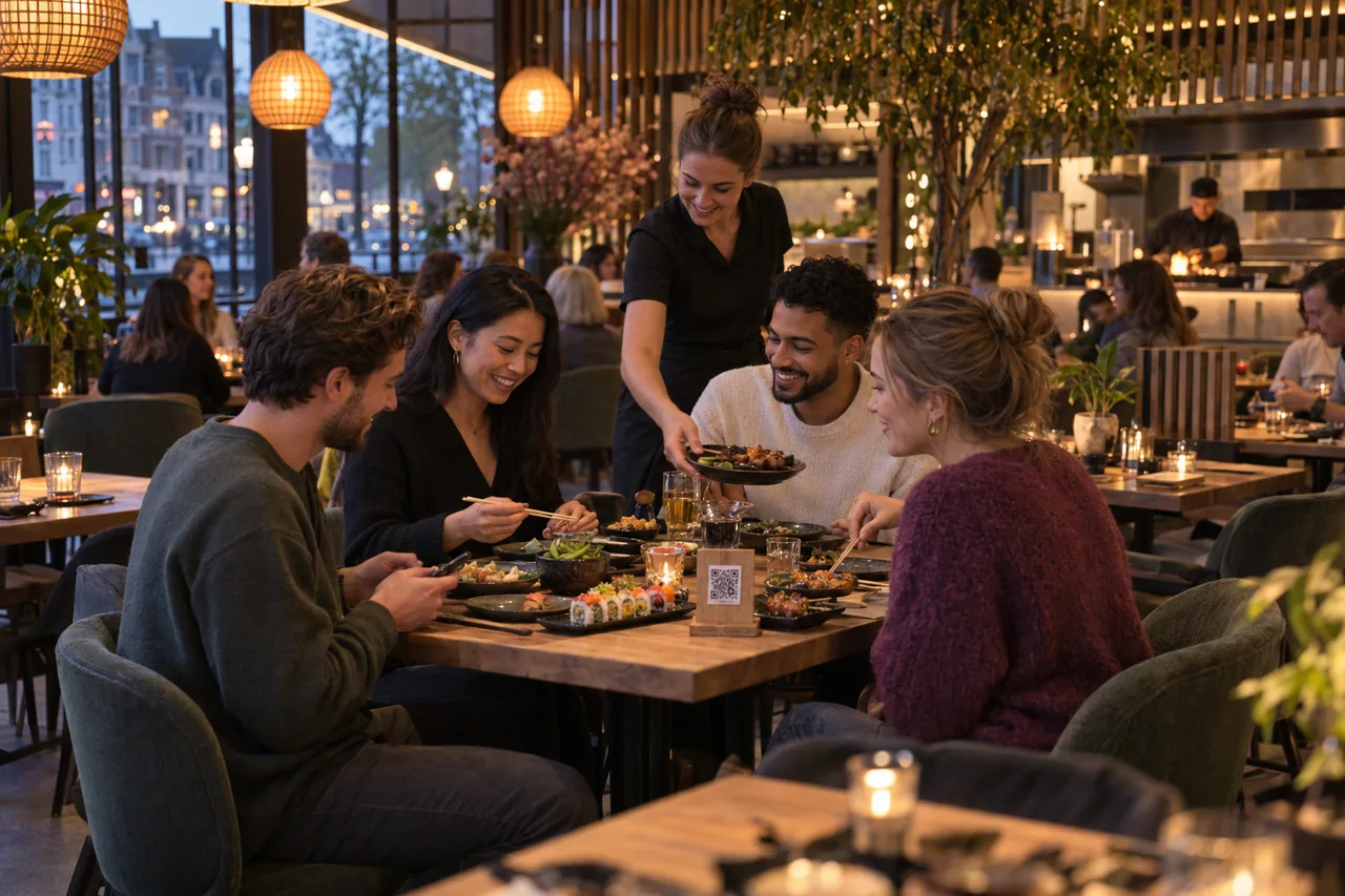 Illustrative Szene in einem All-you-can-eat-Restaurant: Eine Mitarbeiterin bringt einer Freundesgruppe die nächste Runde kleiner Gerichte.