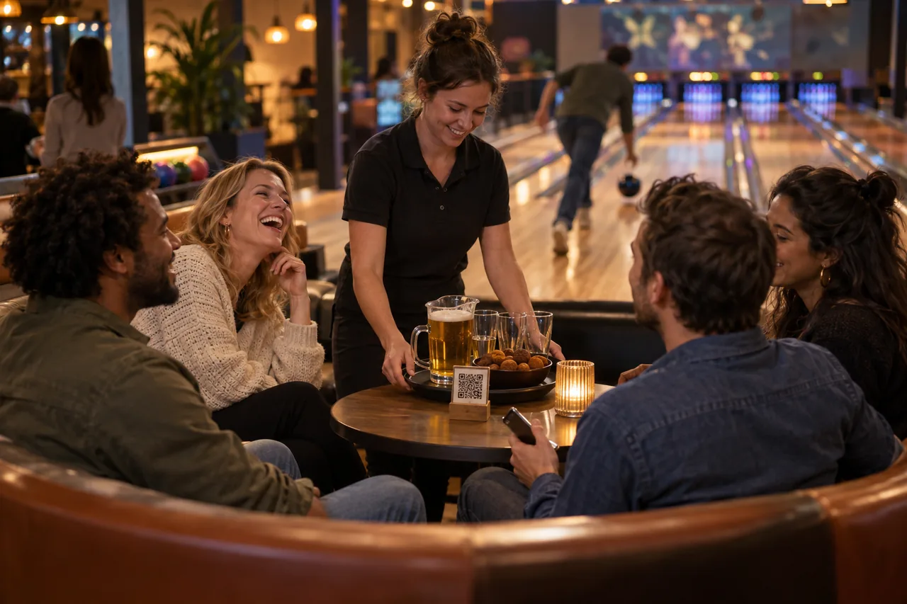 Illustrative Szene eines Mitarbeiters, der einer Gruppe auf dem Sofa neben der Bowlingbahn einen Krug Bier und Bitterballen bringt.