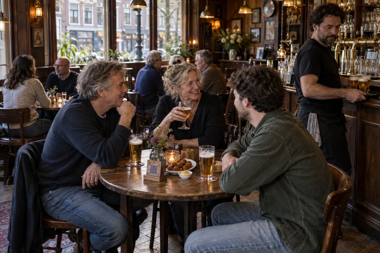 Illustrative Szene in einem holländischen Braunen Café: Freunde mit Bier an einem runden Tisch, hinter der Theke zapft ein Mitarbeiter.