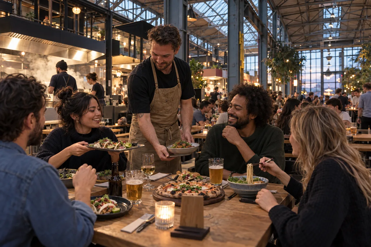 Illustrative Szene in einem Foodcourt: Freunde teilen Gerichte von verschiedenen Ständen an einem langen Tisch, während ein Mitarbeiter serviert.