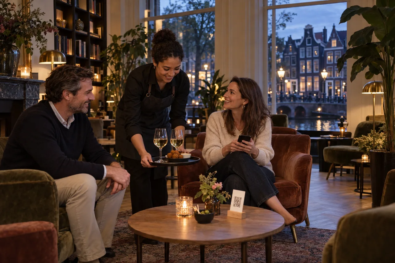 Illustrative scene in a canal-side hotel lounge: a team member brings wine and bitterballen to two guests, with a QR stand on the table.